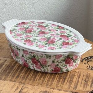 Graces Pantry Rose Floral Porcelain Baking Dish with Lid Oven Microwave Dishwash